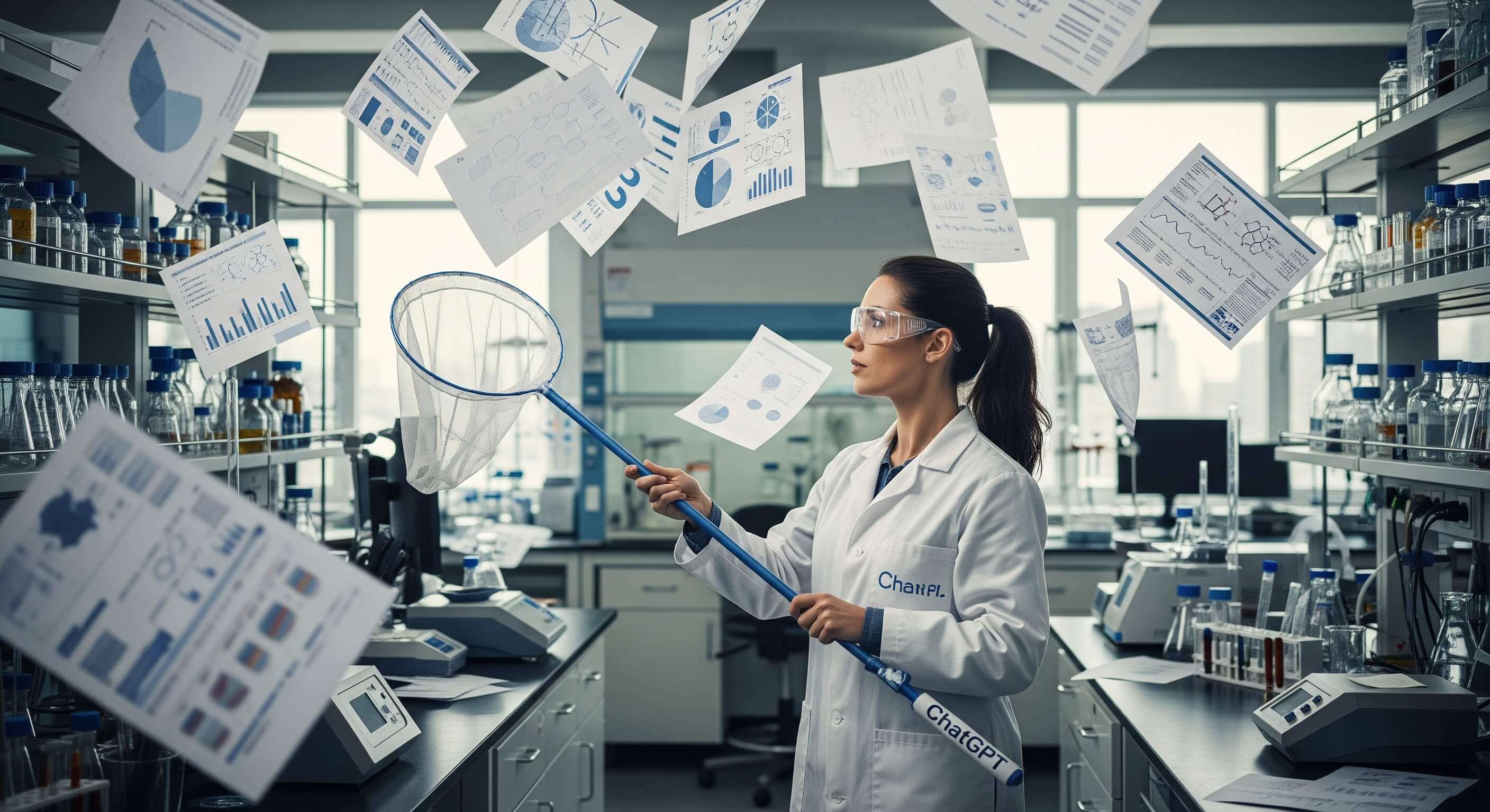 Científica buscando documentos biomédicos con ChatGPT que parece un cazamariposas